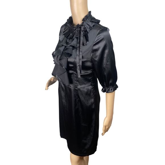 Vtg Y2K Black Satin Pleated Ruffle High Neck Sheath Dress SZ M - Picture 5 of 10